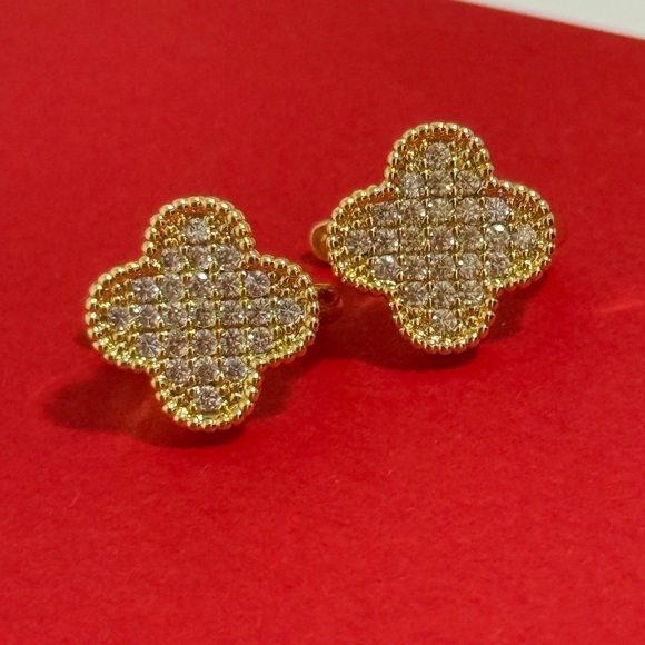 Four Leaf Clover Earrings 14K Gold Plated Cubic Zirconia Earrings - Picture 4 of 6
